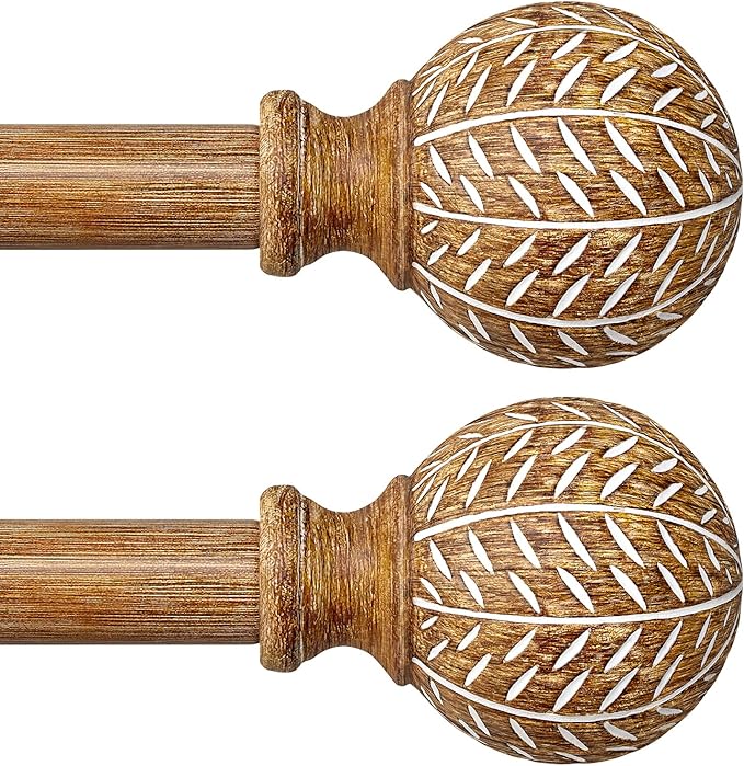 QDWIS 2 Pack Wood Curtain Rods for Windows 28 to 48 Inch,1'' Diameter Drapery Rods with Imitation Wood Grain Leaf Pattern Finials,Boho Adjustable Heavy Duty Curtain Rods Set,18-60'',Color:Natural Wood