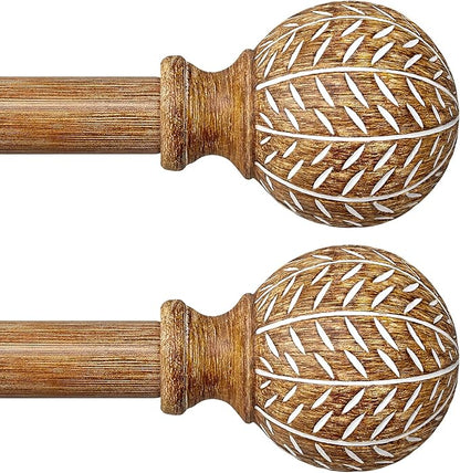 QDWIS 2 Pack Wood Curtain Rods for Windows 28 to 48 Inch,1'' Diameter Drapery Rods with Imitation Wood Grain Leaf Pattern Finials,Boho Adjustable Heavy Duty Curtain Rods Set,18-60'',Color:Natural Wood