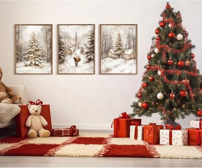 Christmas Wall Art Decor Winter Santa Pictures Vintage Christmas Canvas Poster Snowy Pine Trees Wall Art Xmas Forest Prints Santa Claus Painting Artwork for Bedroom Living Room 12x16x3 Inch Unframed