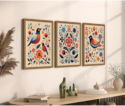 Scandinavian Folk Wall Art Nodic Flower Canvas Wall Decor Norwegian Wall Art Poster Swedish Antique Wall Decor Pictures Floral Bird Prints Vintage Poster for Home Kitchen 12x16x3 Inch Framed