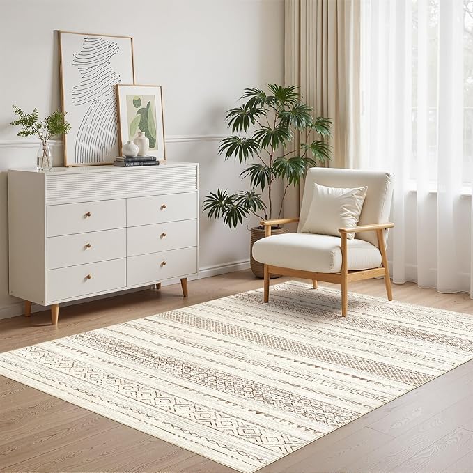 Nakagishi Area Rug Living Room Rugs: 3x5 Soft Machine Washable Boho Neutral Farmhouse Stain Resistant Moroccan Indoor Floor Carpet for Bedroom Nursery Kids Entryway Kitchen Entry Bedside Home- Brown