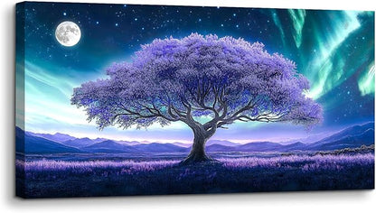 crmotu Tree of Life Large Wall Art for Living Room, Purple Tree Art Prints, Aurora Landscape Canvas Painting, Surreal Art Wall Pictures for Bedroom Bathroom, Modern Office Decor Artwork 24X48in