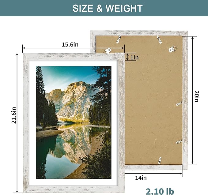 iRahmen 14x20 Picture Frame Set of 2 with Plexiglass, Display 12x18 Photo with Mat or 14 x 20 Without Mat, Rustic Wood Poster Frame for Wall Mounting