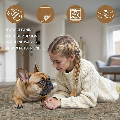 Bavni Kitchen Rug 2x7 Runner Rugs for Hallways Entryway, Washable Vintage Print Carpet, Ultra-Thin Chenille Low Pile Lightweight Rug with Non Slip Backing, Warm Taupe