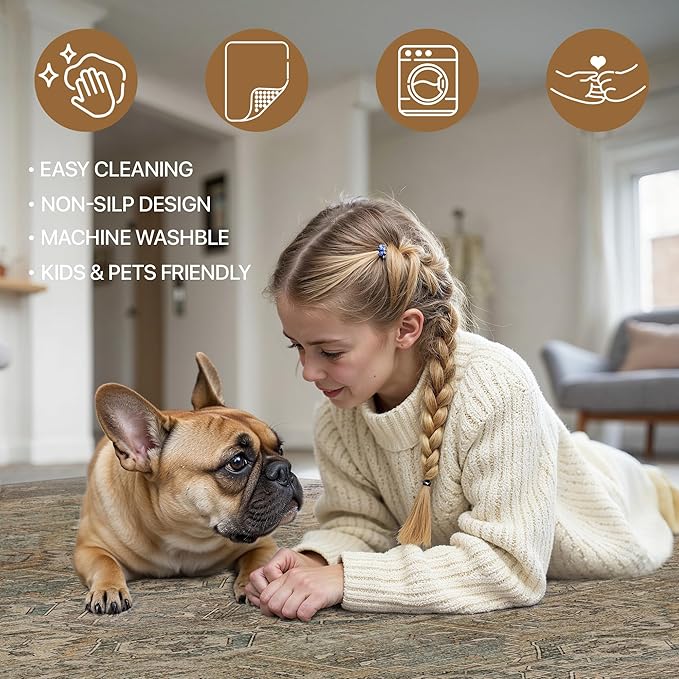 Bavni Washable Rug 6x9 Area Rug for Living Room Bedroom Dining, Washable Vintage Print Carpet, Ultra-Thin Chenille Low Pile Lightweight Rug with Non Slip Backing, Warm Taupe