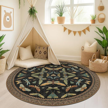Hazo Haus Washable Black 6ft Round Area Rugs for Bedroom Beside Bed - Dark Unique Insect Print Circle Rug for Living Room, Dining Room, Vintage Nature Insect Design, Low Pile & Soft