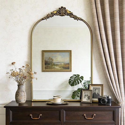 Antique Baroque Vintage Vanity Mirror 36x24Inch, Gold with Ornate Antique Frame, Arched Vintage Wall Mirror for Living Room, Fireplace, Entryway