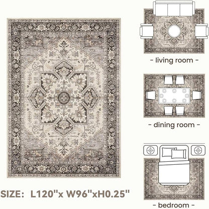Area Rug for Living Room - 8x10 Soft Machine Washable Oriental Vintage Floral Distressed Large Indoor Floor Carpet for Bedroom Under Dining Table Home Office Decor - Grey Brown