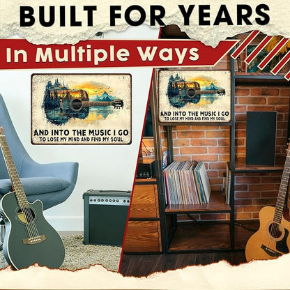 Guitar Retro Metal Poster And Into the Music Art Plaque Guitar Vintage Sign for Man Cave Funny Garage Bar Shed 12x16inch