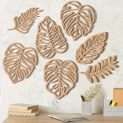 Namalu 7 Pcs Tropical Wall Decor Jungle Monstera Wall Art Boho Palm Leaf Wooden Decoration Tropical Nursery Decor Vintage Natural Monstera Leaf Plaque for Farmhouse Kitchen Bedroom Garden(Wood Color)