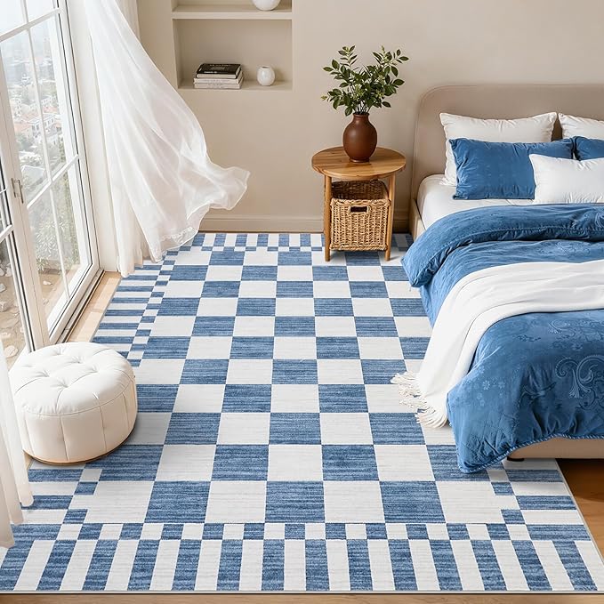 GarveeHome Dark Blue Checkered Rug,Washable 3x5 Rug Non Slip for Entryway,Modern Soft Low-Pile,Neutral Farmhouse Geometric Checkerboard Rug,Small Area Rugs for Bedroom Kitchen Dining Room