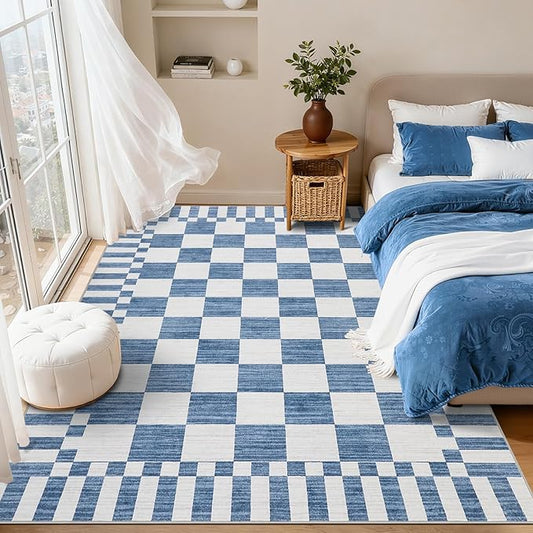 GarveeHome Dark Blue Checkered Rug,Washable 3x5 Rug Non Slip for Entryway,Modern Soft Low-Pile,Neutral Farmhouse Geometric Checkerboard Rug,Small Area Rugs for Bedroom Kitchen Dining Room