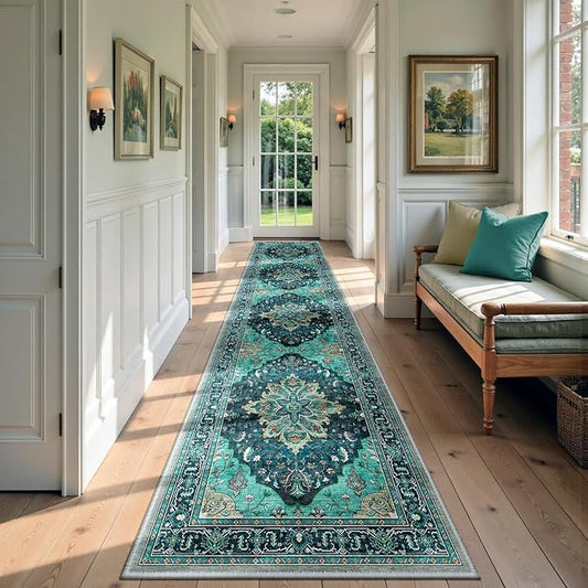 RELEANY Area Rugs 2'6"x14' Runner Rug Non Slip Washable for Kitchen Hallway Bedroom Beside Laundry Room Bathroom Rug, Floor Carpet, Teal Green Lake Blue Turquoise