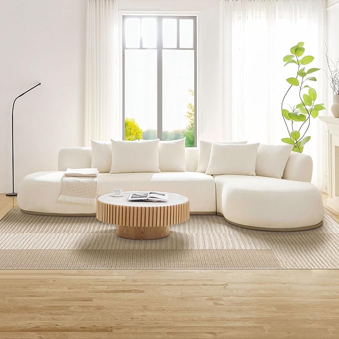 WILLIAMSPACE 134.63" Oversize Curved Sofa Cloud Couch with Round Chaise, Modern Upholstered Curved Sectional Sofa Couch with 6 Pillows for Living Room, No Assembly (Right-Facing,Cream White)