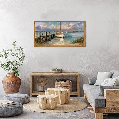 Nautical Boat Wall Art Framed Coastal Bathroom Wall Decor Vintage Classical Beach Artwork Abstract Ocean Landscape Picture Canvas Prints Seascape Seagull Artwork Living Room Home Decorations 20x40
