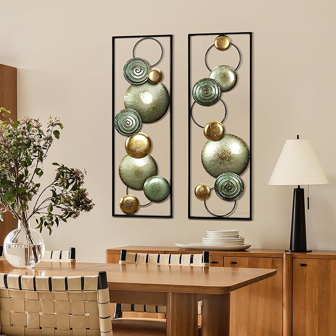 LuxenHome 2 Pieces Metal Wall Art, 36" x 12" Multi-Color Circles Abstract Rectangular Metal Wall Decor, Minimalist Wall Décor for Home, Living Room, Bedroom, Dining Room