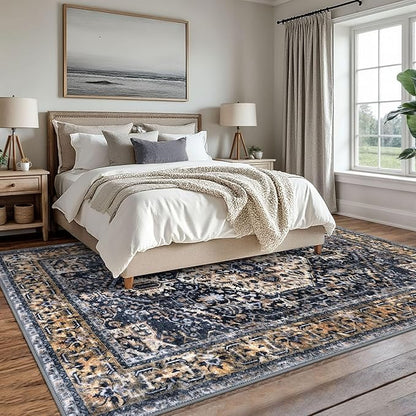 KOZYFLY Boho Area Rug 8x10 Ft Thin Rugs for Living Room Washable Bedroom Rug Non Slip Rugs for Living Room Gold/Orange/Navy Printed Faux Wool Vintage Bedroom Rug Floor Carpet