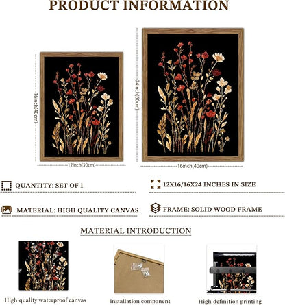 Framed Vintage Floral Wall Art, Dark Wildflower Botanical Canvas Wall Decor Paintings, Rustic Moody Flower Artwork Poster Print Picture for Bathroom Bedroom Living Room 12x16 Inch