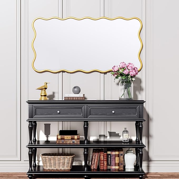 PROHOMEWARE 24 * 48" Gold Bathroom Mirror for Wall,Wavy Rectangular Mirror,Vanity Mirror,Bathroom Mirrors for Wall,Wall-Mounted Metal Frame Mirror for Bedroom Entryway Living Room Farmhouse (Gold)
