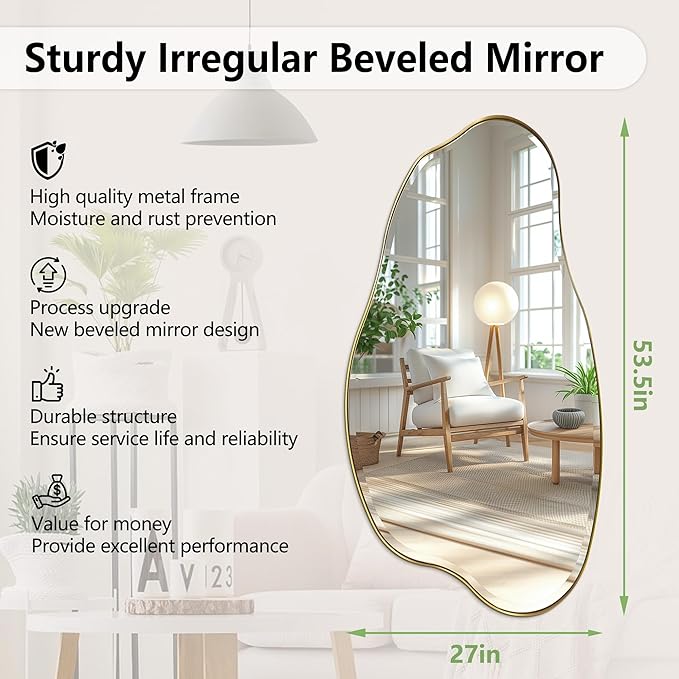 POZINO Large Irregular Beveled Mirror, 53.5"x27" Asymmetrical Aesthetic Mirror with Metal Frame, Cloud Shaped Mirrors for Living Room Bathroom Bedroom Hallway Entryway, Horizontal or Vertical Hanging