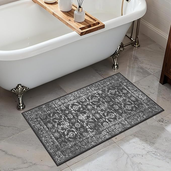 2x4 Black Runner Rug Hallway Washable Area Rugs Kitchen Vintage Boho Non Slip Long Rug Floral Carpet Indoor Retro Soft Low Pile Throw Rug for Bedroom Bathroom Laundry Dining Living Room Office