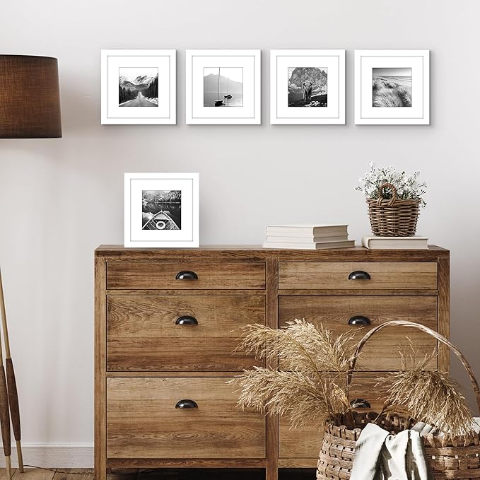 Americanflat 8x8 Picture Frame with Polished Plexiglass - Set of 5 - Use as 5x5 Frame with Mat or Display 8x8 Photo Without Mat - Galleria Collection - Square Frames for Tabletop and Wall - White