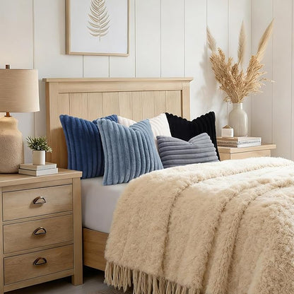 decorUhome Cozy Faux Fur Throw Pillow Covers 24x24 Set of 2 Decorative Soft Plush Striped Modern Farmhouse Boho Couch Euro Sham Pillow Cases with Velvet Back for Sofa Bed Living Room, Blue