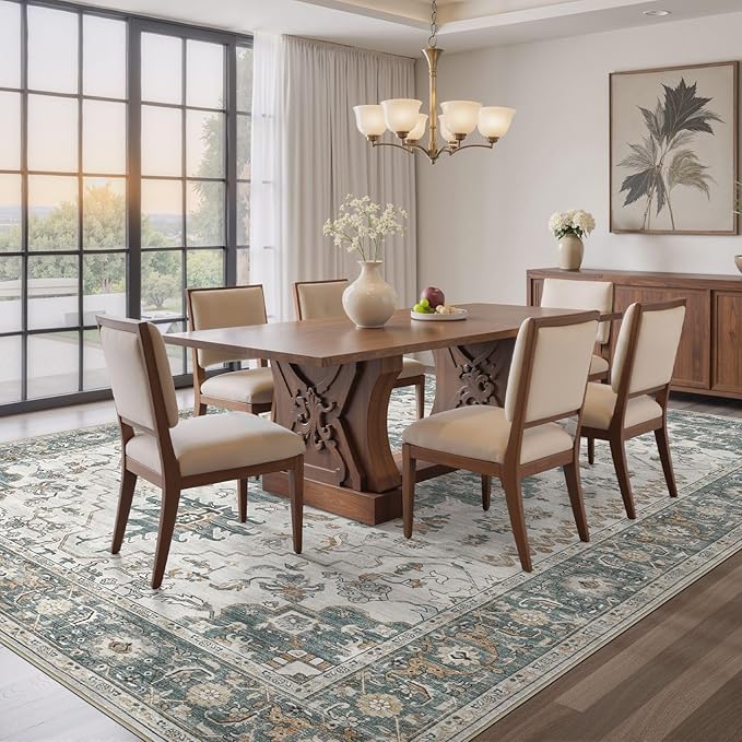 EIEIHOUSE Washable Area Rugs for Living Room -10x13 Neutral Vintage Distressed Floral Farmhouse Boho Large Soft Floor Rug Indoor Non Slip Carpet for Living Room Bedroom Dining Room Office-Green/Grey