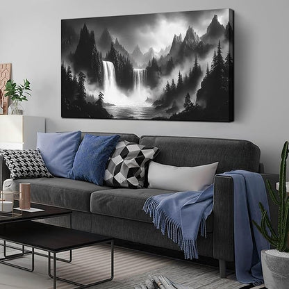 CIRABKY Waterfall Living Room Pictures Wall Decor - Black and White Mountain Wall Art for Bedroom - Large Canvas Wall Art for Office Size 29" x 59"