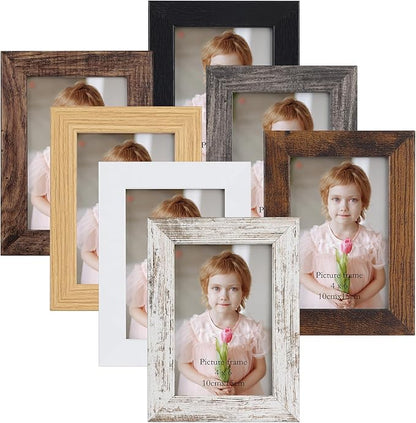 PETAFLOP 4x6 Frame Set of 7, 4x6 Picture Frame in Multi Colors, Rustic Wooden Frames for Tabletop and Wall Mounting Display