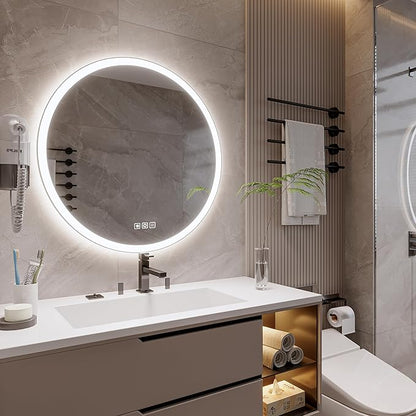 32inches Round LED Mirror,samrt Mirror for Bathroom,Light,Anti- Fog,3 Colors Dimmable,Front and Backlit,CRI90+,Touch Button