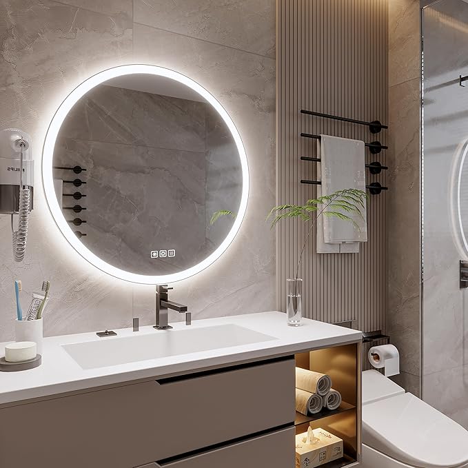 36inches Round LED Mirror,samrt Mirror Bathroom,Anti- Fog,3 Colors Dimmable,Front and Backlit,CRI90+,Touch Button