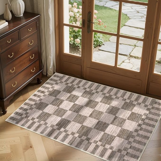 GarveeHome Brown Checkered Rug 2x4 Washable Rug Non-Slip for Entryway, Soft Low-Pile Small Area Rugs,Beige Neutral Modern Geometric Rugs for Kitchen