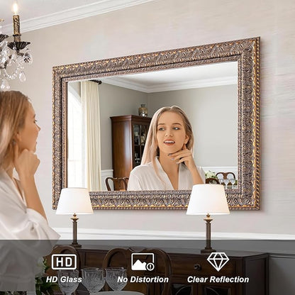 Chende 41" L x 29" W Rectangular Wall Mirror for Living Room Decor, Large Decorative Mirror with Bronze Carved Wood Frame, Dining Room, Bedroom, Hallway, Salon