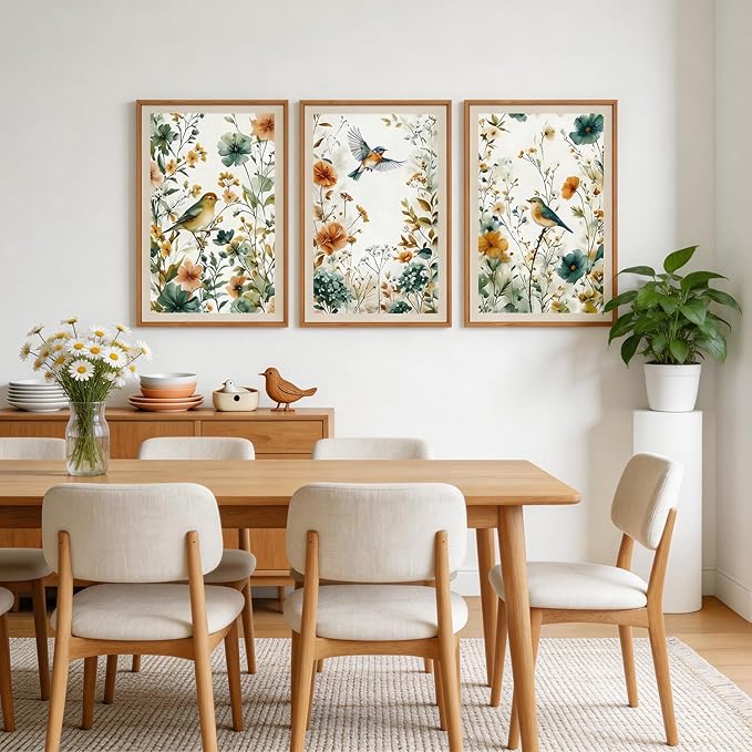 CHDITB Framed Rustic Birds Wildflowers Wall Art Set, 3 Pieces Vintage Chinoiserie Birds on Floral Branch Botanical Canvas Artwork, Large Boho Neutral Nature Watercolor Cottagecore Country Painting Decor for Bedroom Office(16"L x 24"W)