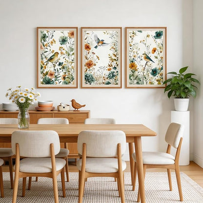 CHDITB Framed Rustic Birds Wildflowers Wall Art Set, 3 Pieces Vintage Chinoiserie Birds on Floral Branch Botanical Canvas Artwork, Large Boho Neutral Nature Watercolor Cottagecore Country Painting Decor for Bedroom Office(16"L x 24"W)