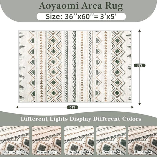 Area Rug 3x5 Geometric Rug: Washable Boho Moroccan Rugs Soft Farmhouse Rug, Modern Neutral Stain Resistant Indoor Floor Carpet for Living Room Bedroom Dining Table Nursery(Brown Green,3'x5')