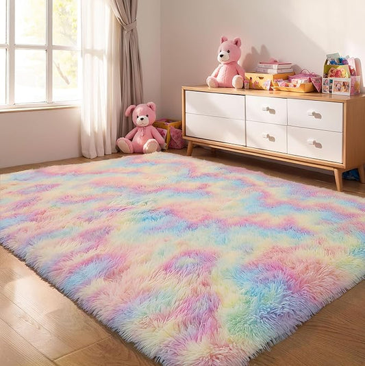 KICHOWUA Area Rug 5x7 Rainbow Fluffy Shag for Girls Bedroom,Ultra Soft Unicorn Plush Fuzzy Washable Thickened Non-Slip Carpet, Pastel Furry Shaggy Rug for Living Room Kids Boys Nursery Dorm