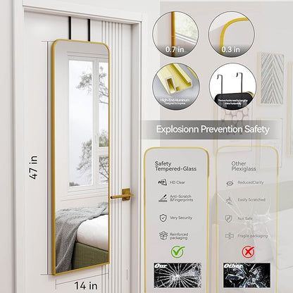 SCWF-GZ 47x14 Mirror Full Length Door Hanging Wall Mounted Aluminum Alloy Metal Frame Dressing Make-up Save Space Half Body Mirrors for Entryway Bedroom Bathroom Living Room 47 inch Gold