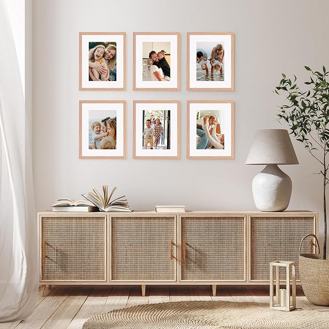 Fixwal 8x10 Picture Frame Set of 6 with Shatter Resistant Plastic Glass, Thin Border and Light Weight Photo Frames for Wall or Tabletop Display, Gift for Mother's Day, Father's Day, Natural