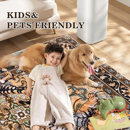 Tiger Washable Area Rugs for Living Room 4x6Ft, Boho Jungle Bedroom Rugs, Thin Botanical Entryway Nursery Area Floor Carpets for Dorm Dining Room Kids Playroom Study Farmhouse, Camel/Coffee