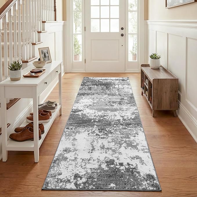 Grey 2x5 Washable Entryway Runner Rug Non Slip for Hallways Kitchen, Bathroom Rug Runners with Rubber Backing 5ft Long Carpet for Laundry Room, Low Pile Stain & Fade Resistant, Abstract Gray