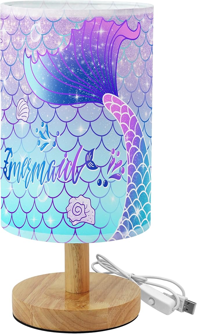 Rainbow Scales Mermaid Bedside Table Lamp for Bedroom with USB Port, Cute Cozy Kids Nightstand Lamp with Wood Base Polyester Fabric Shade for Living Room Dorm Desk (Rainbow02)