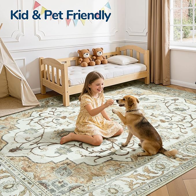 Lessymo Washable Area Rug for Living Room,9x12 Large Rugs with Non-Slip Backing,Soft Boho Carpets for Bedroom Dining Room Nursery Home Office,Light Beige