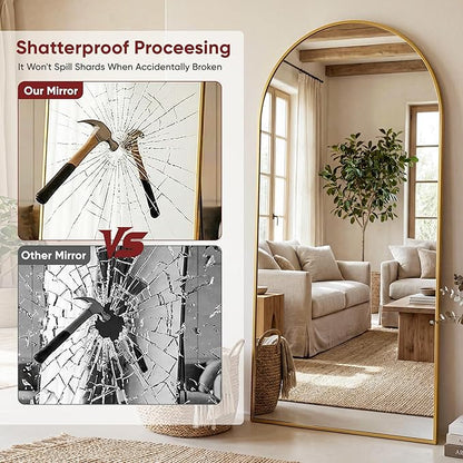 Antok Full Length Floor Mirror Arched Standing Mirror with Aluminum Frame - Freestanding Wall Mount Leaning Body Mirror for Bedroom Living Room Entryway, 76" L x 34" W, Gold
