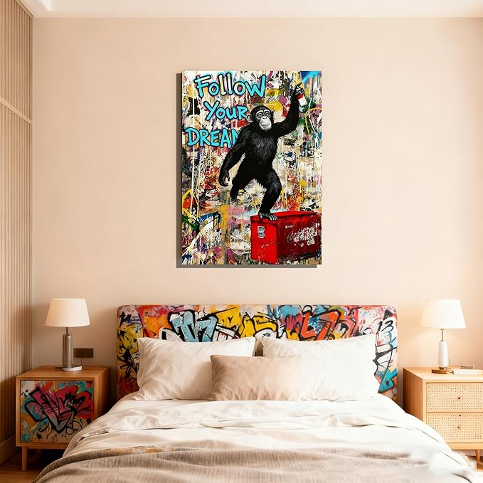 16x24 Graffiti Street Art Gorilla Canvas Wall Decor Urban Pop Funny Picture Monkey Framed Gallery Street Posters Teen Boys Bedroom Pictures Kids Room Prints Men Office Home Decoration