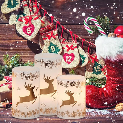Gold Deer Flameless Flickering Candles Battery Operated with 6H Timer, 3 Pack Real Wax Warm Light LED Pillar Candles Dinner Tabletop Holiday Centerpiece Decor 3" x 6"