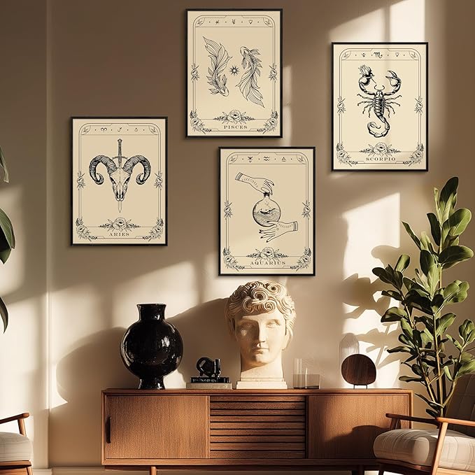 SERIMINO Witchy Framed Wall Art, Aries Tarot Canvas Prints Paintings, Horoscope Dark Academia Home Decor Aesthetic, 16x24inch Gothic Wall Decor for Room