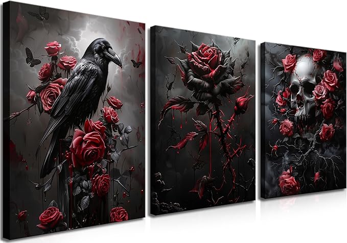 Gothic Canvas Wall Art Set of 3, Romantic Rose Halloween Wall Decor Paintings, Dark Goth Crow Skull Posters Prints for Bathroom Living Room Gallery Home Decor 16x24In Framed