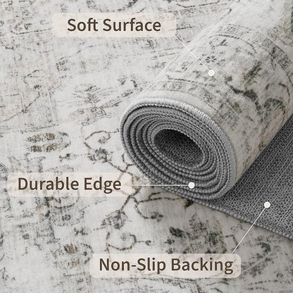 10x14 Area Rugs for Living Room, Machine Washable Non Slip Vintage Rug, Non-Slip Stain Resistant, Large Soft Home Decor Rug for Bedroom Dining Room (Ivory/Gray,10'x14')